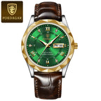 POEDAGAR men’s watch with green dial, brown leather strap and gold bezel
