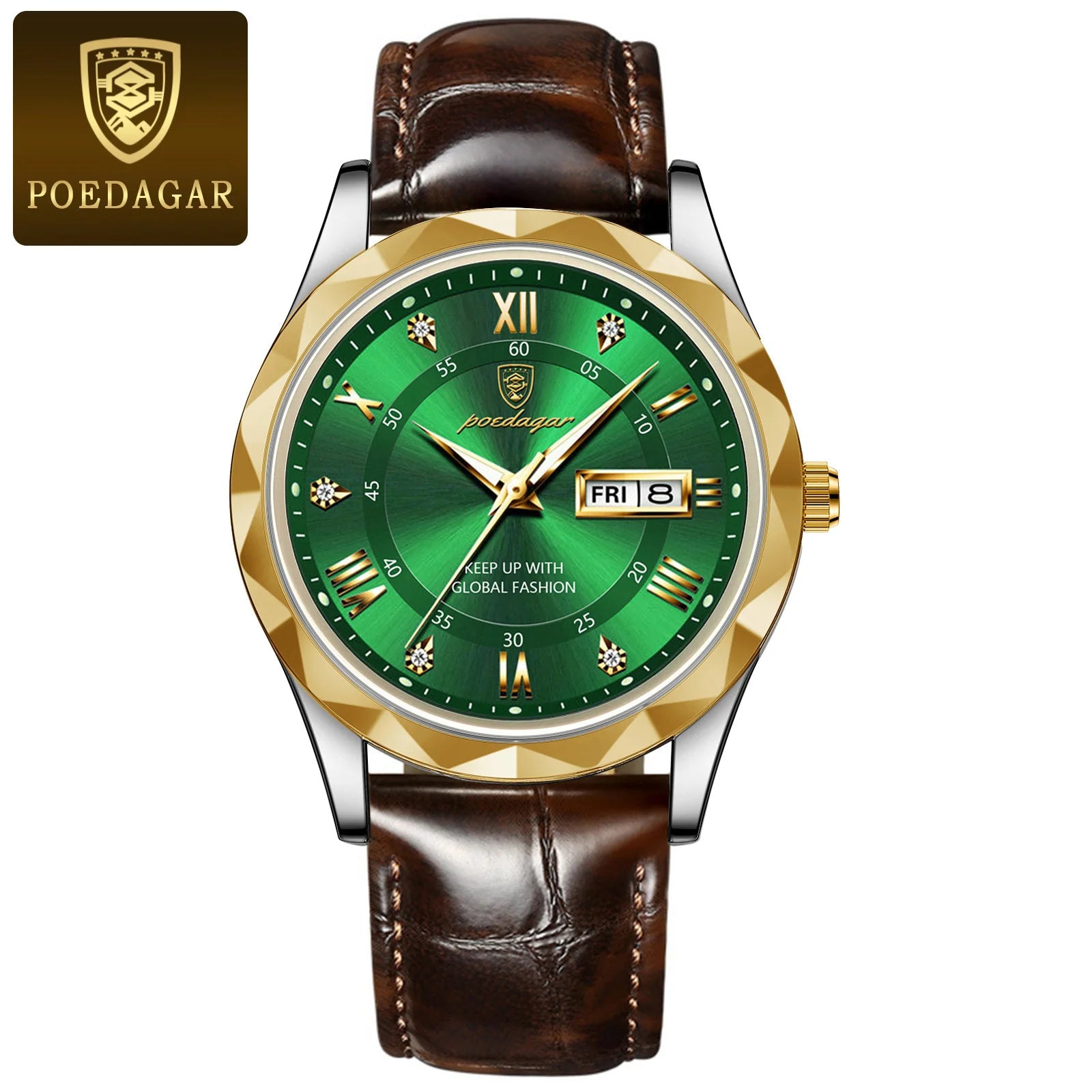 POEDAGAR men’s watch with green dial, brown leather strap and gold bezel