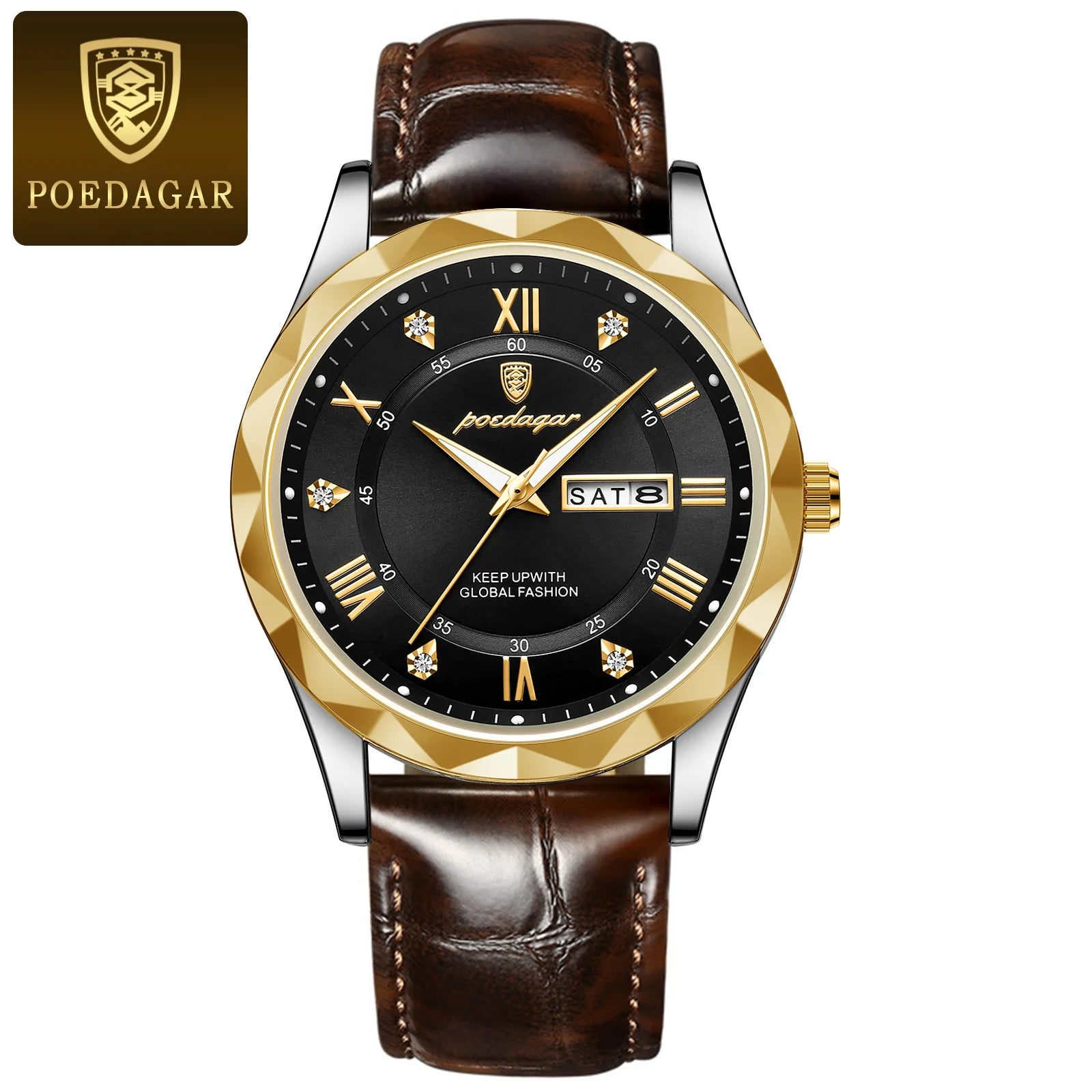 POEDAGAR luxury leather watch with black dial and gold accents