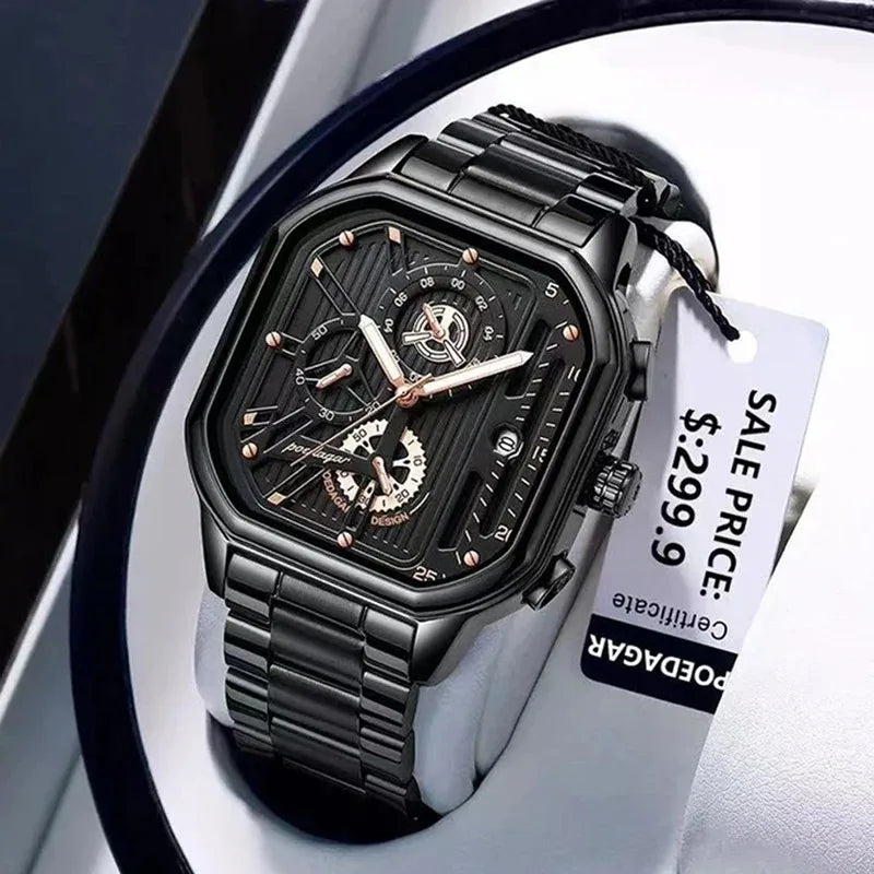 Stealth POEDAGAR full black men’s chronograph watch with all-black dial and case