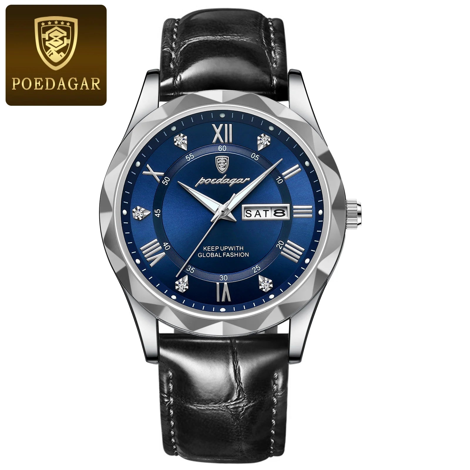Elegant men’s quartz watch with blue dial and black leather band