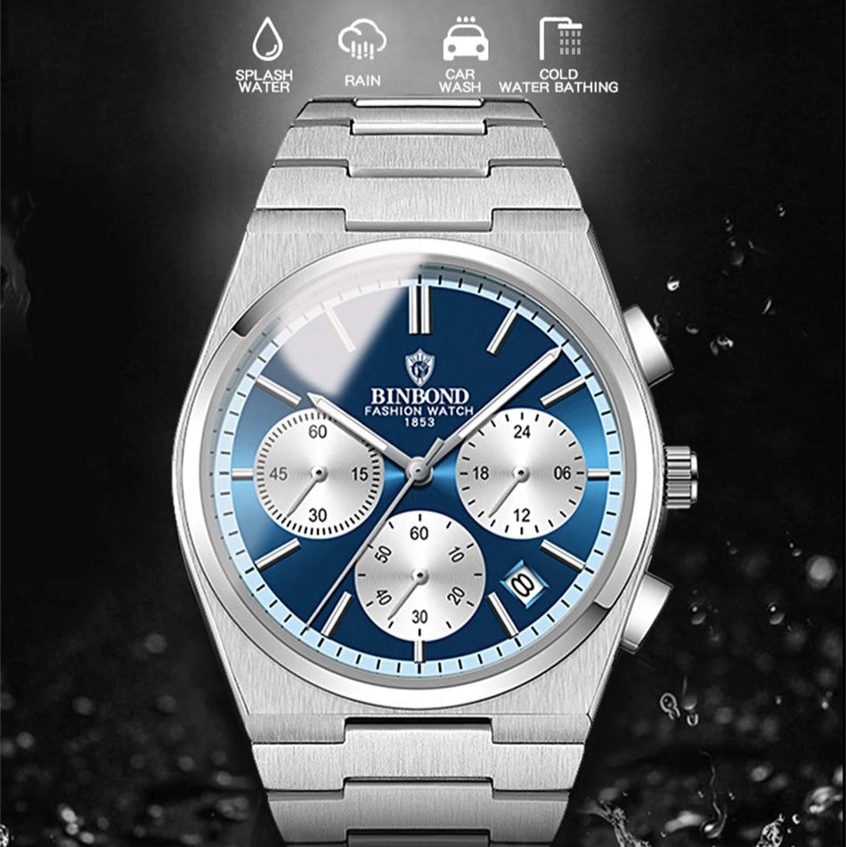 BINBOND B203 men’s chronograph watch in stainless steel, stopwatch, and full calendar