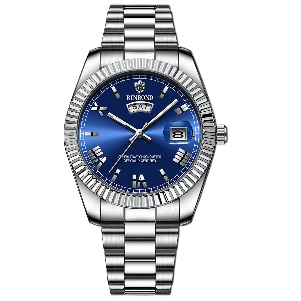 Stainless steel BINBOND watch with blue face and luminous hands