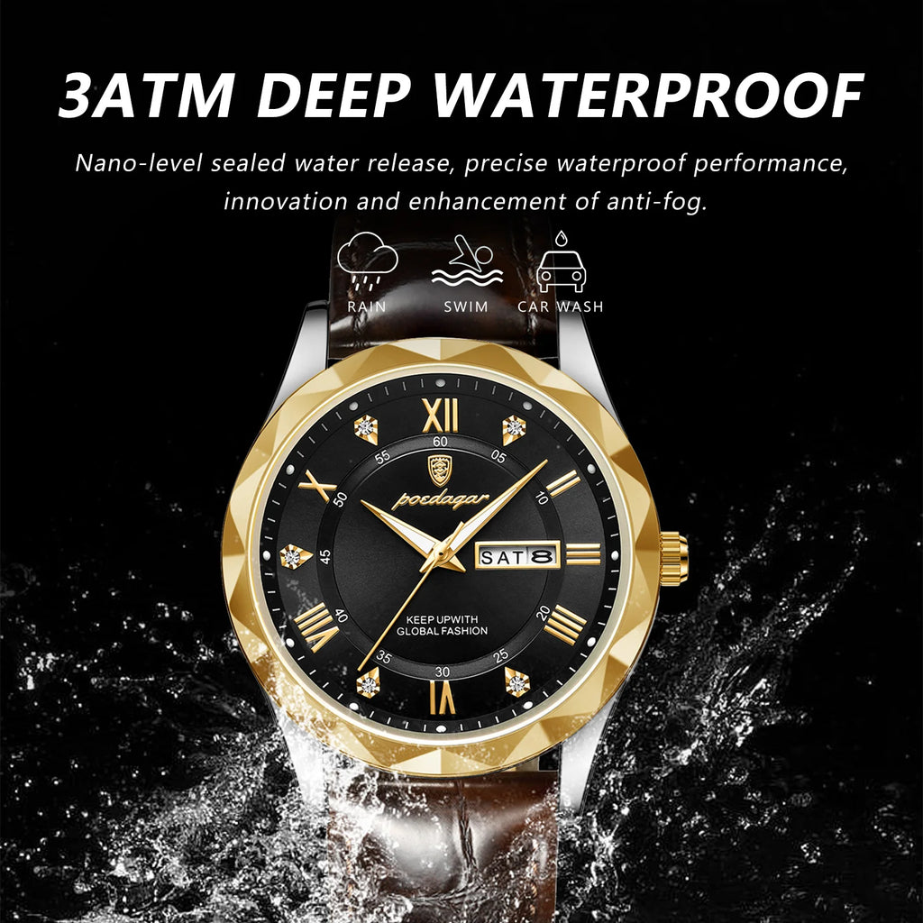 POEDAGAR luxury leather watch with black dial and gold accents