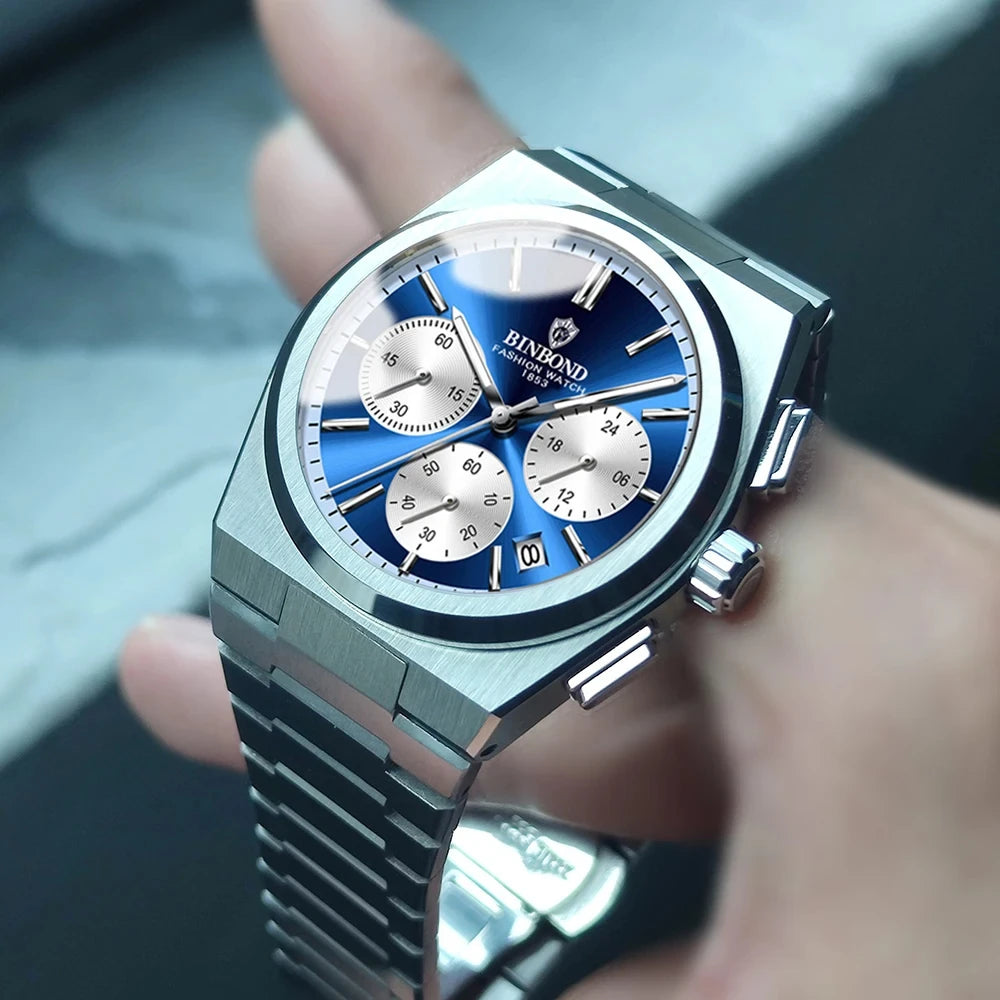 BINBOND B203 men’s chronograph watch in stainless steel, stopwatch, and full calendar