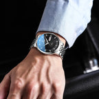 Two-tone quartz watch for men with black dial and stainless steel bracelet