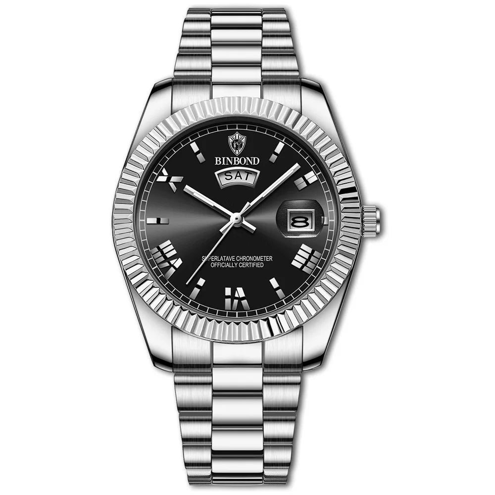 BINBOND B7012 silver men’s watch with black dial and day-date display
