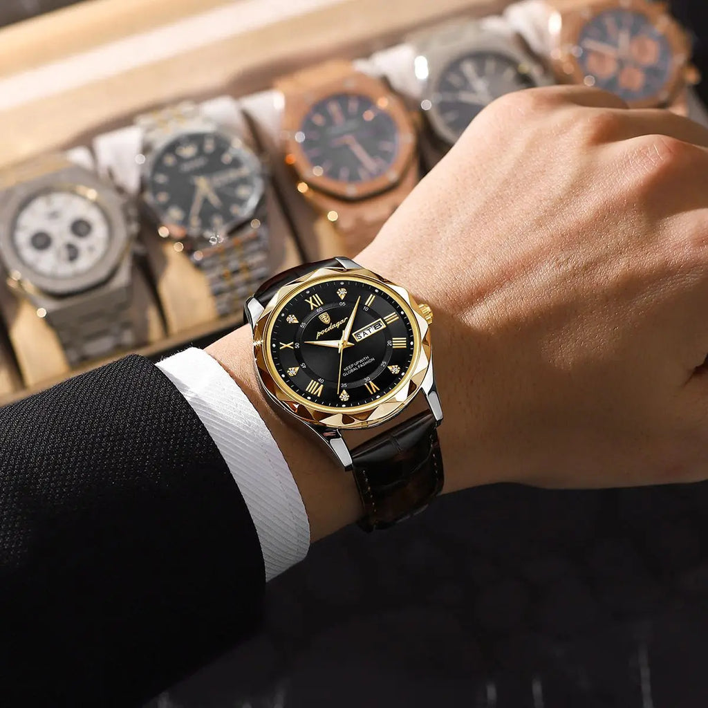 POEDAGAR luxury leather watch with black dial and gold accents