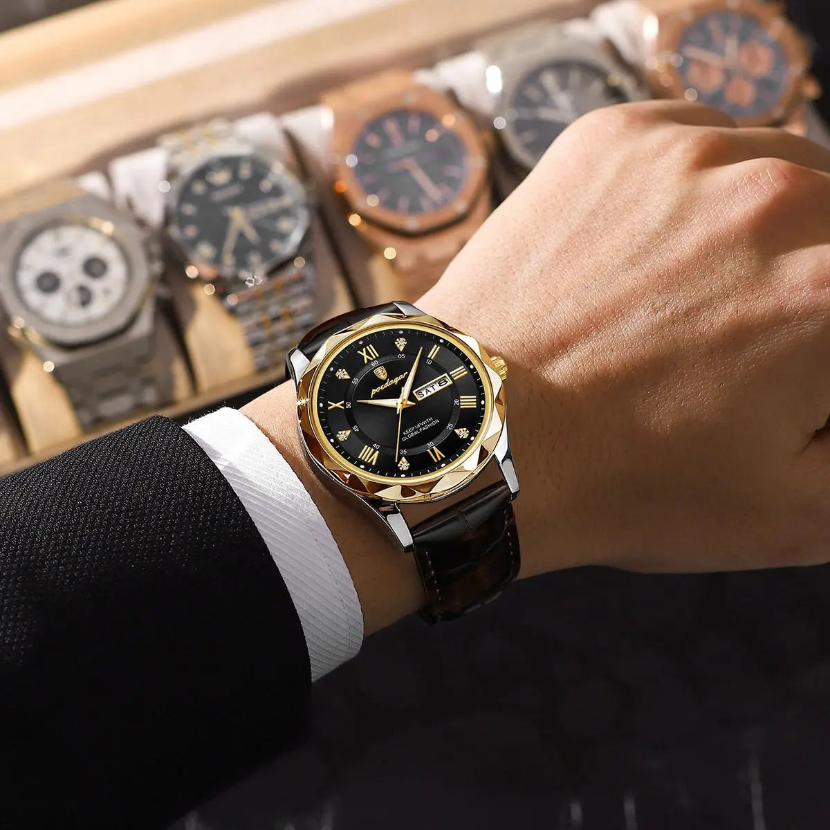 POEDAGAR luxury leather watch with black dial and gold accents