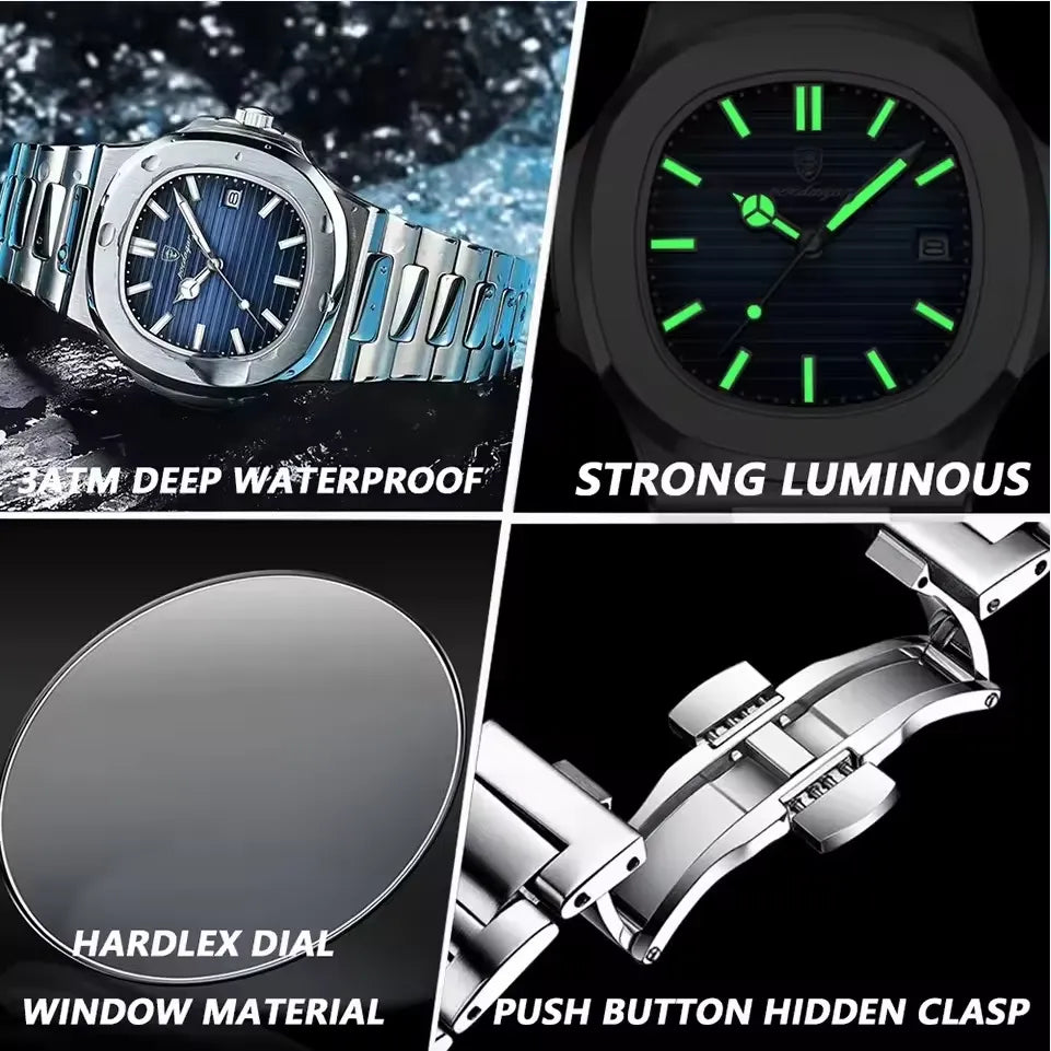 POEDAGAR stainless steel men’s watch with blue dial and date window