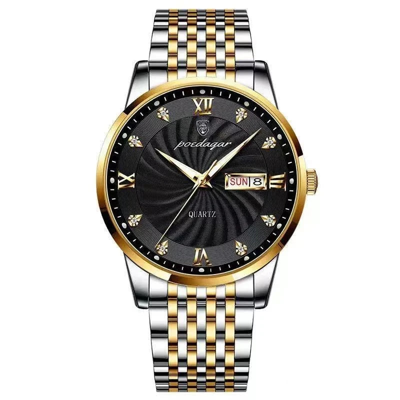 Two-tone quartz watch for men with black dial and stainless steel bracelet