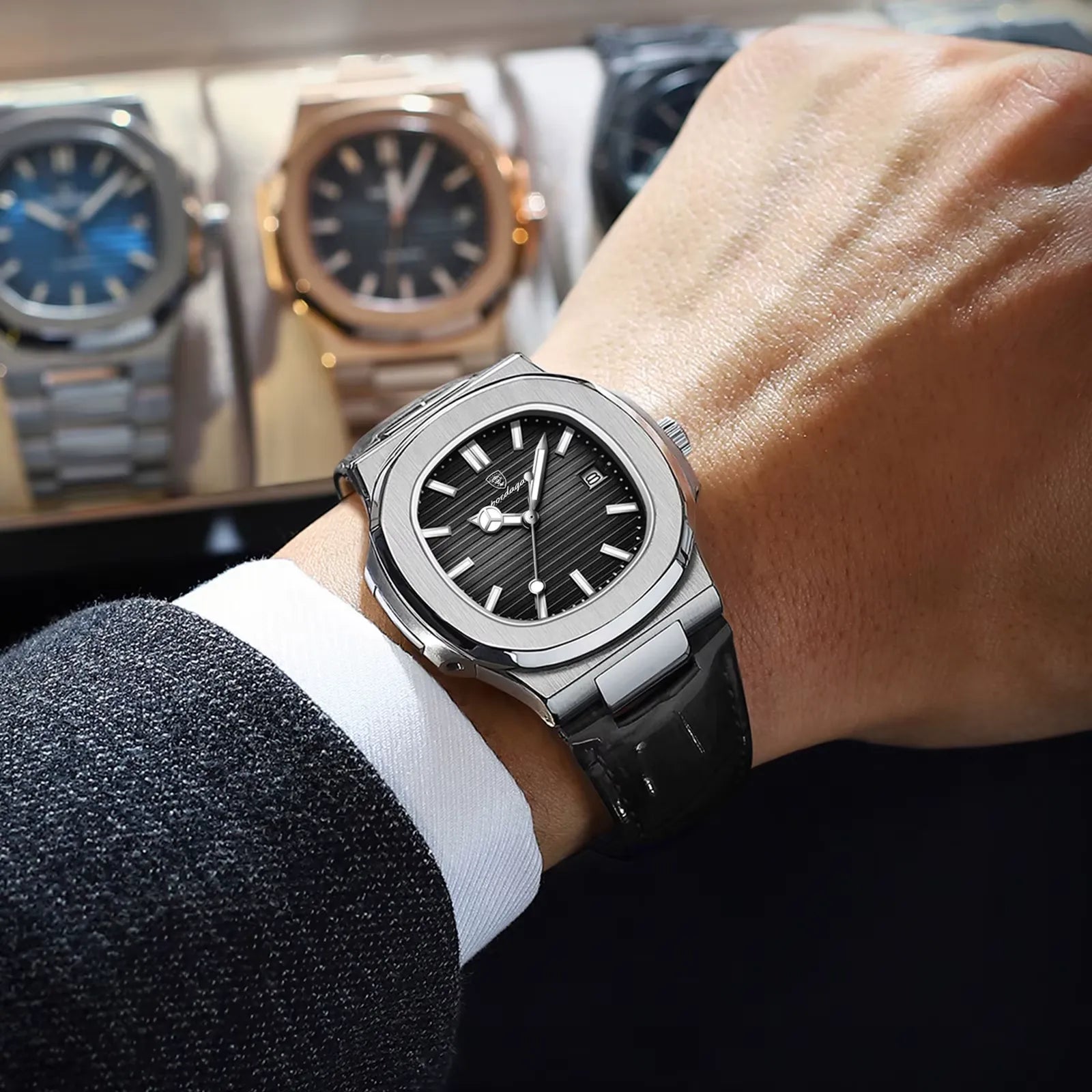 POEDAGAR formal watch with white dial and black leather band