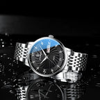 Two-tone quartz watch for men with black dial and stainless steel bracelet
