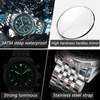 POEDAGAR men's silver chronograph watch with deep blue dial, stainless steel bracelet and luminous markers