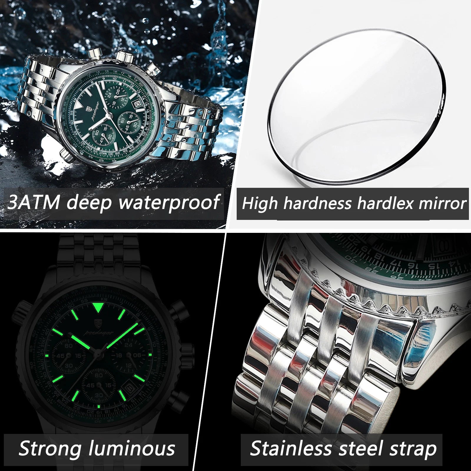POEDAGAR men's silver chronograph watch with deep blue dial, stainless steel bracelet and luminous markers