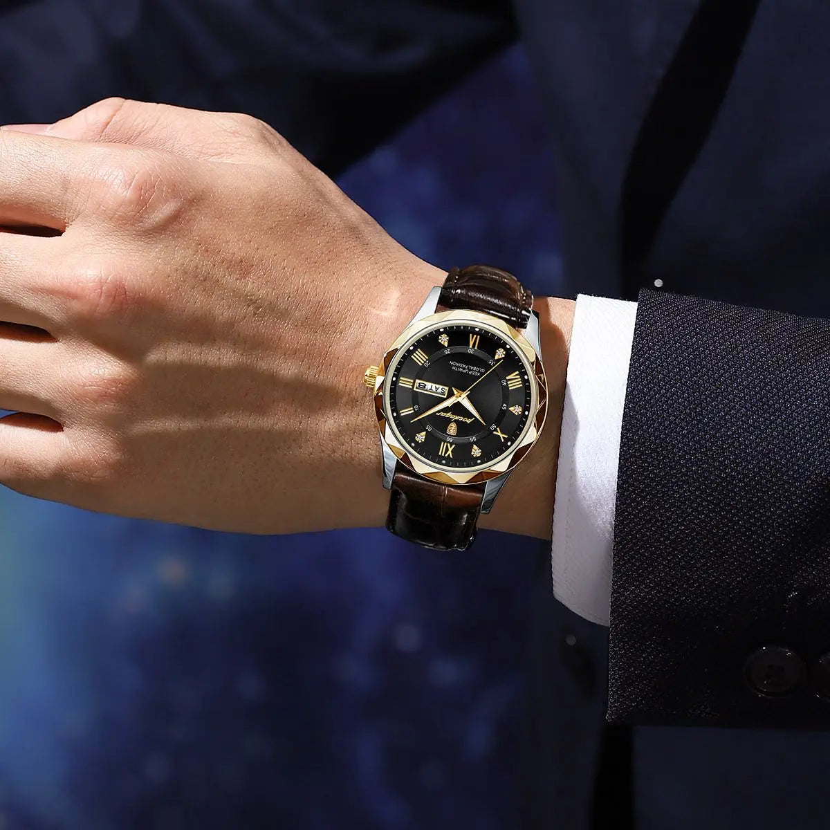 POEDAGAR luxury leather watch with black dial and gold accents