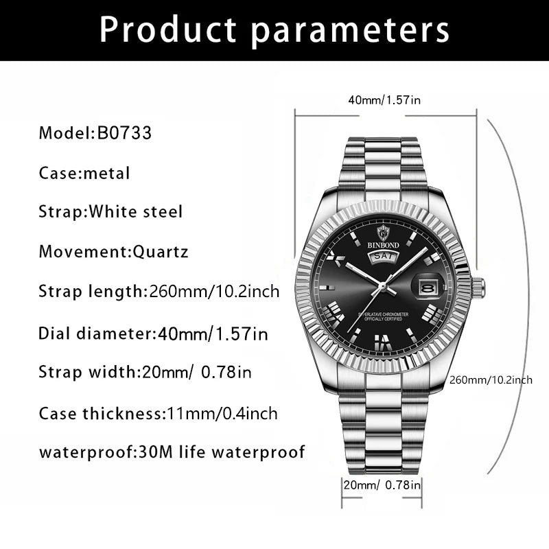 BINBOND B7012 silver men’s watch with black dial and day-date display