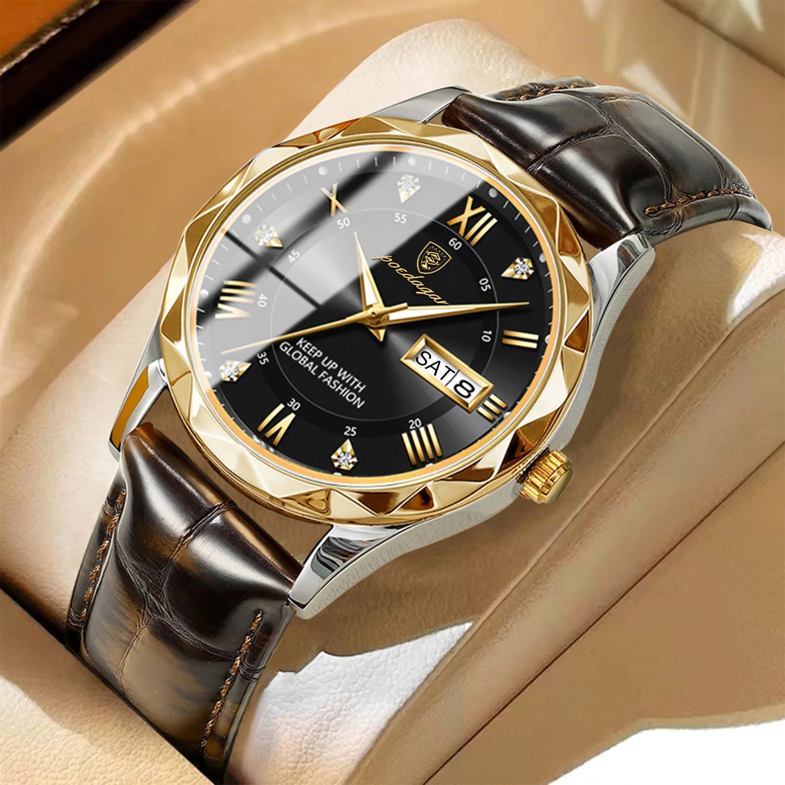 POEDAGAR luxury leather watch with black dial and gold accents