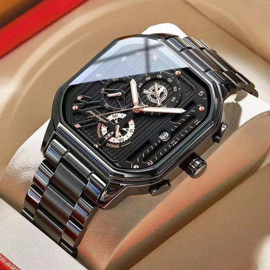 Stealth POEDAGAR full black men’s chronograph watch with all-black dial and case