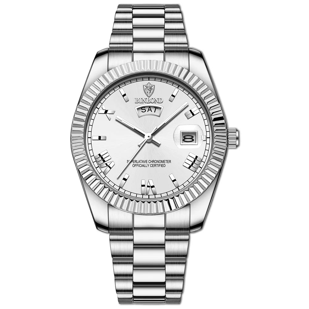 BINBOND B7012 quartz men’s watch with white dial and sapphire crystal