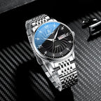 Two-tone quartz watch for men with black dial and stainless steel bracelet