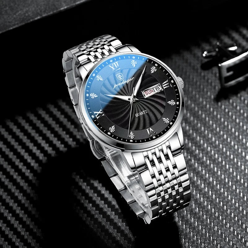 Two-tone quartz watch for men with black dial and stainless steel bracelet