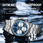 BINBOND B203 men’s chronograph watch in stainless steel, stopwatch, and full calendar
