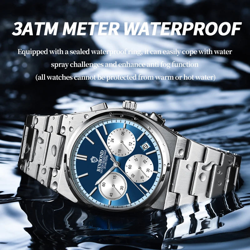 BINBOND B203 men’s chronograph watch in stainless steel, stopwatch, and full calendar