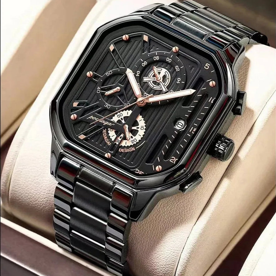 Stealth POEDAGAR full black men’s chronograph watch with all-black dial and case