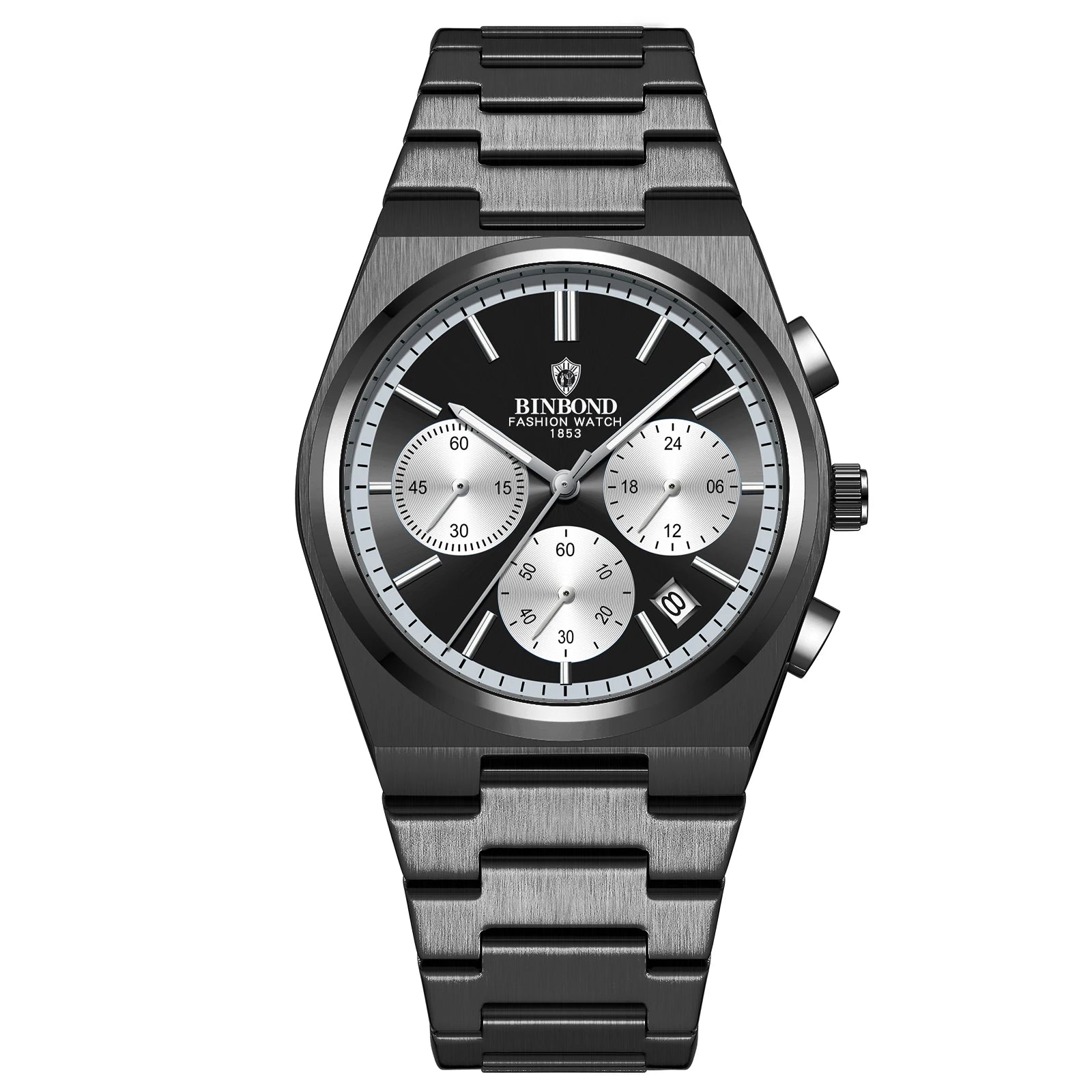 BINBOND B203 men’s chronograph watch in stainless steel, stopwatch, and full calendar