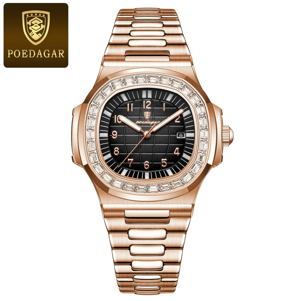 Rose gold POEDAGAR square men’s watch with crystal bezel and black dial