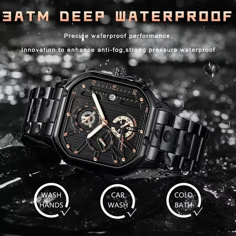 Stealth POEDAGAR full black men’s chronograph watch with all-black dial and case