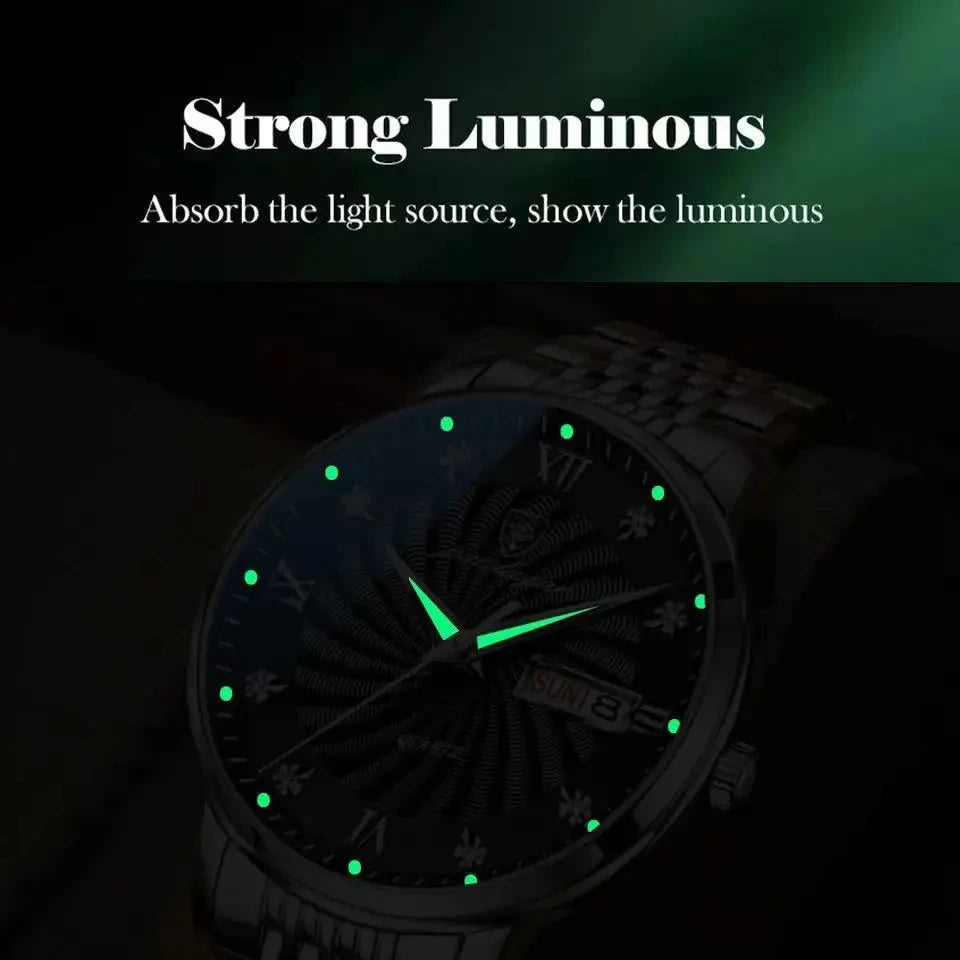 Two-tone quartz watch for men with black dial and stainless steel bracelet