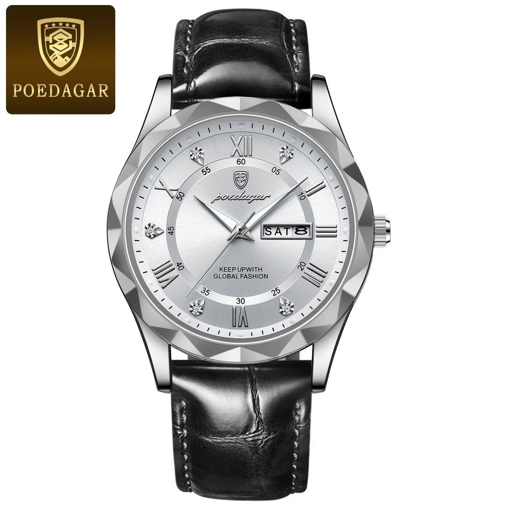 Classic white dial men’s watch with black leather strap and calendar