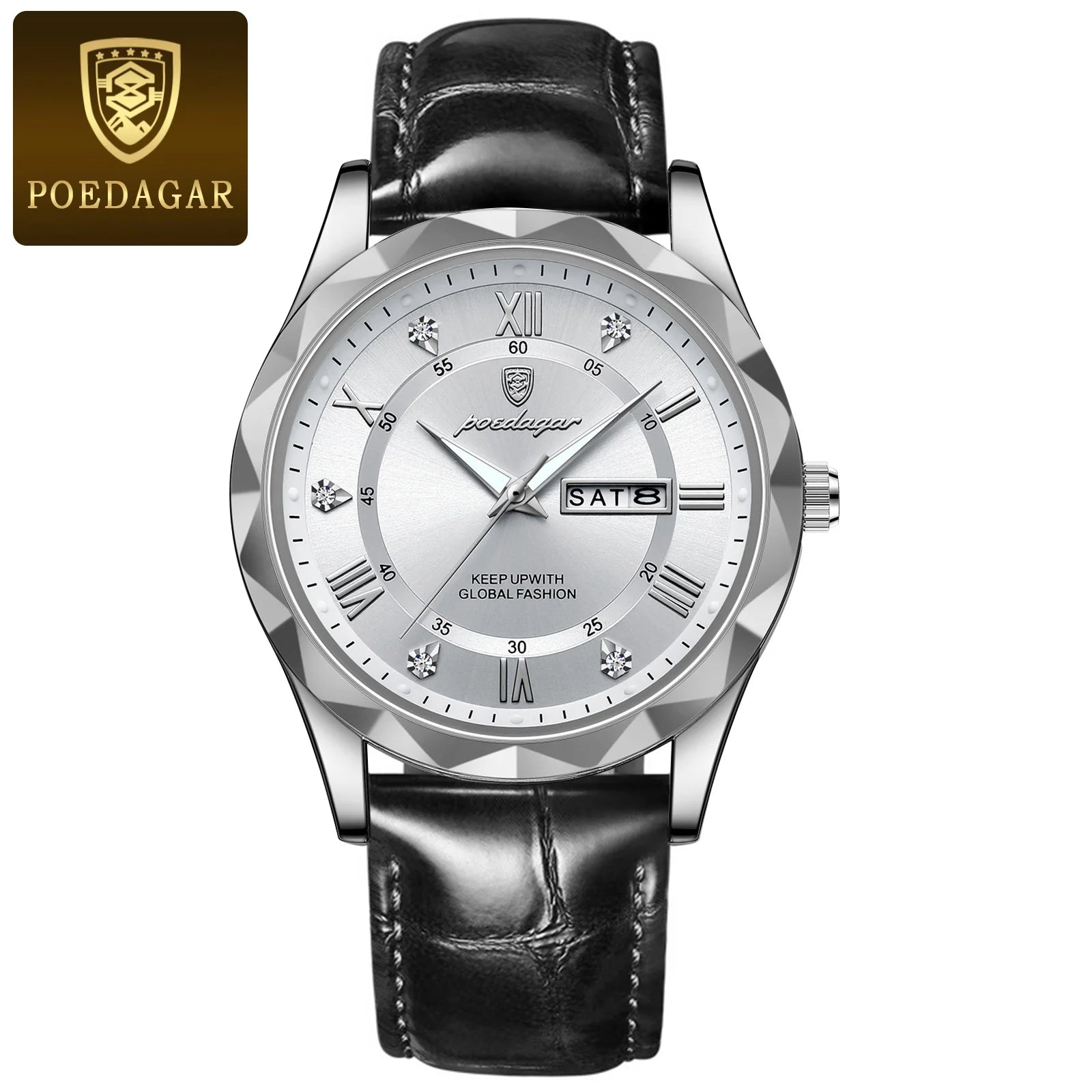 Classic white dial men’s watch with black leather strap and calendar