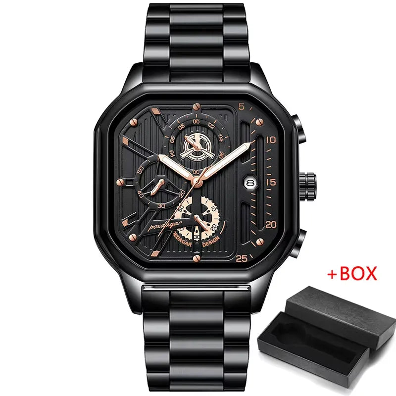 Stealth POEDAGAR full black men’s chronograph watch with all-black dial and case