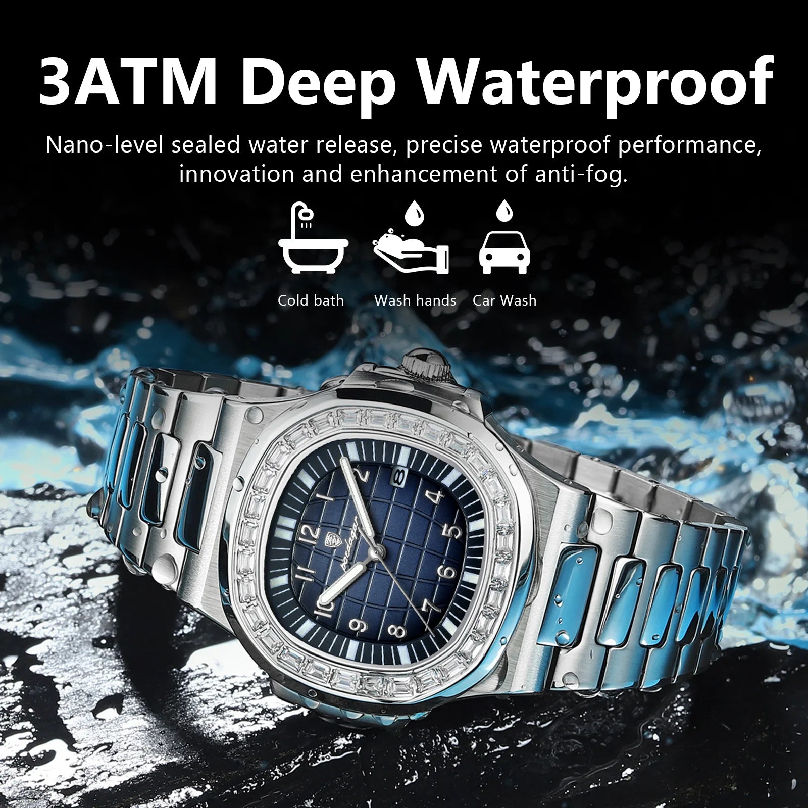 Silver square watch with blue dial and full calendar by POEDAGAR