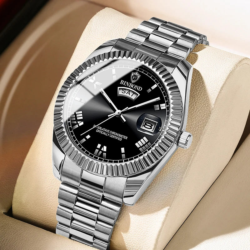 BINBOND B7012 silver men’s watch with black dial and day-date display