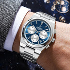 BINBOND B203 men’s chronograph watch in stainless steel, stopwatch, and full calendar