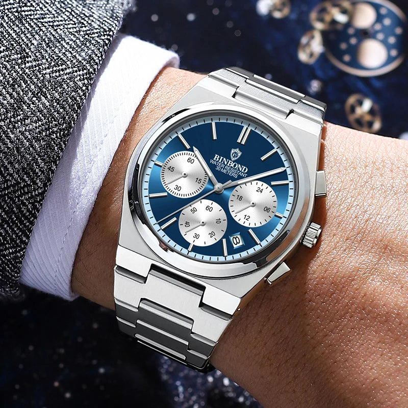 BINBOND B203 men’s chronograph watch in stainless steel, stopwatch, and full calendar