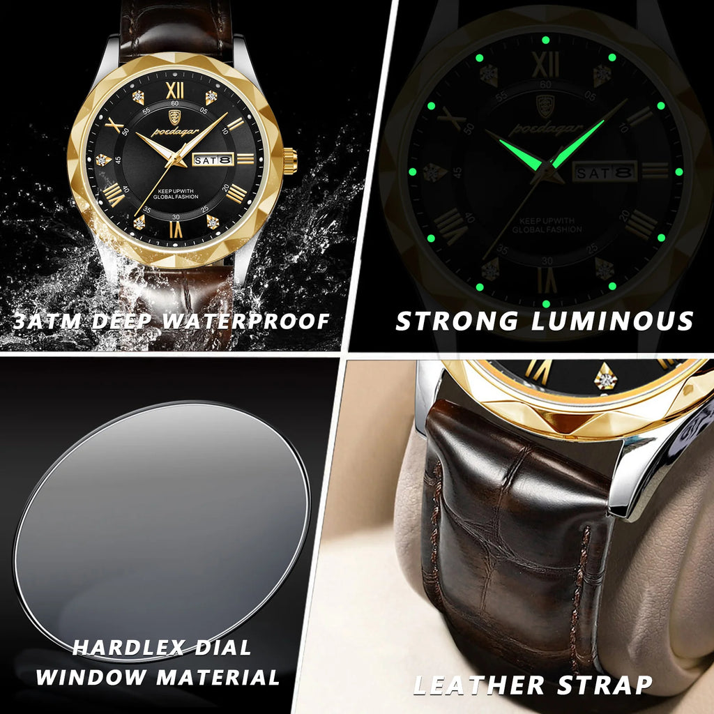 POEDAGAR luxury leather watch with black dial and gold accents