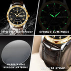 POEDAGAR luxury leather watch with black dial and gold accents