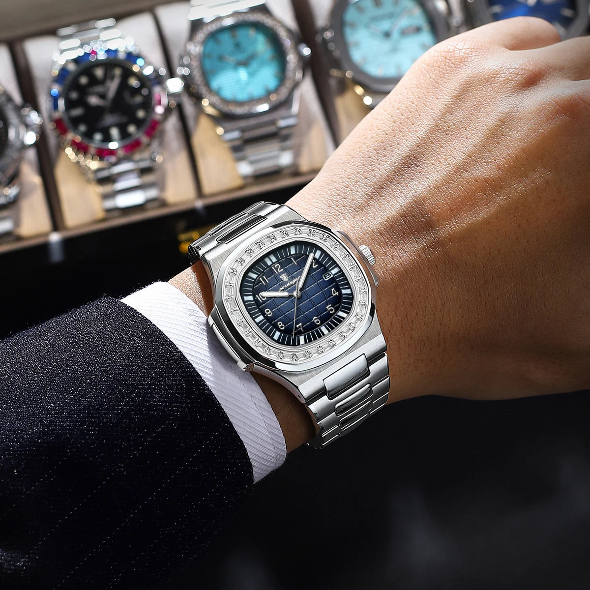 Silver square watch with blue dial and full calendar by POEDAGAR