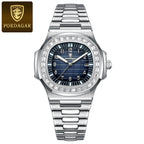 Silver square watch with blue dial and full calendar by POEDAGAR