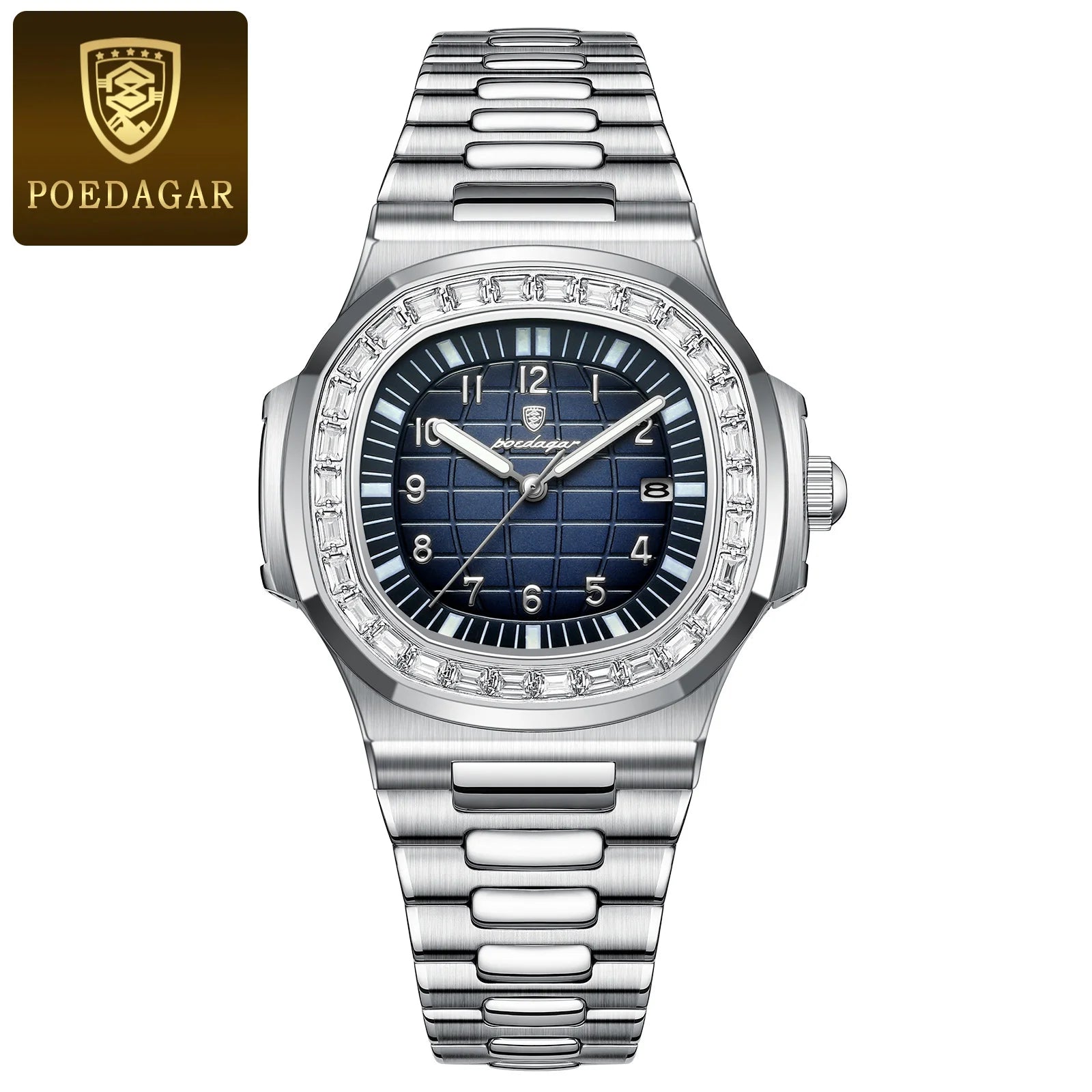 Silver square watch with blue dial and full calendar by POEDAGAR