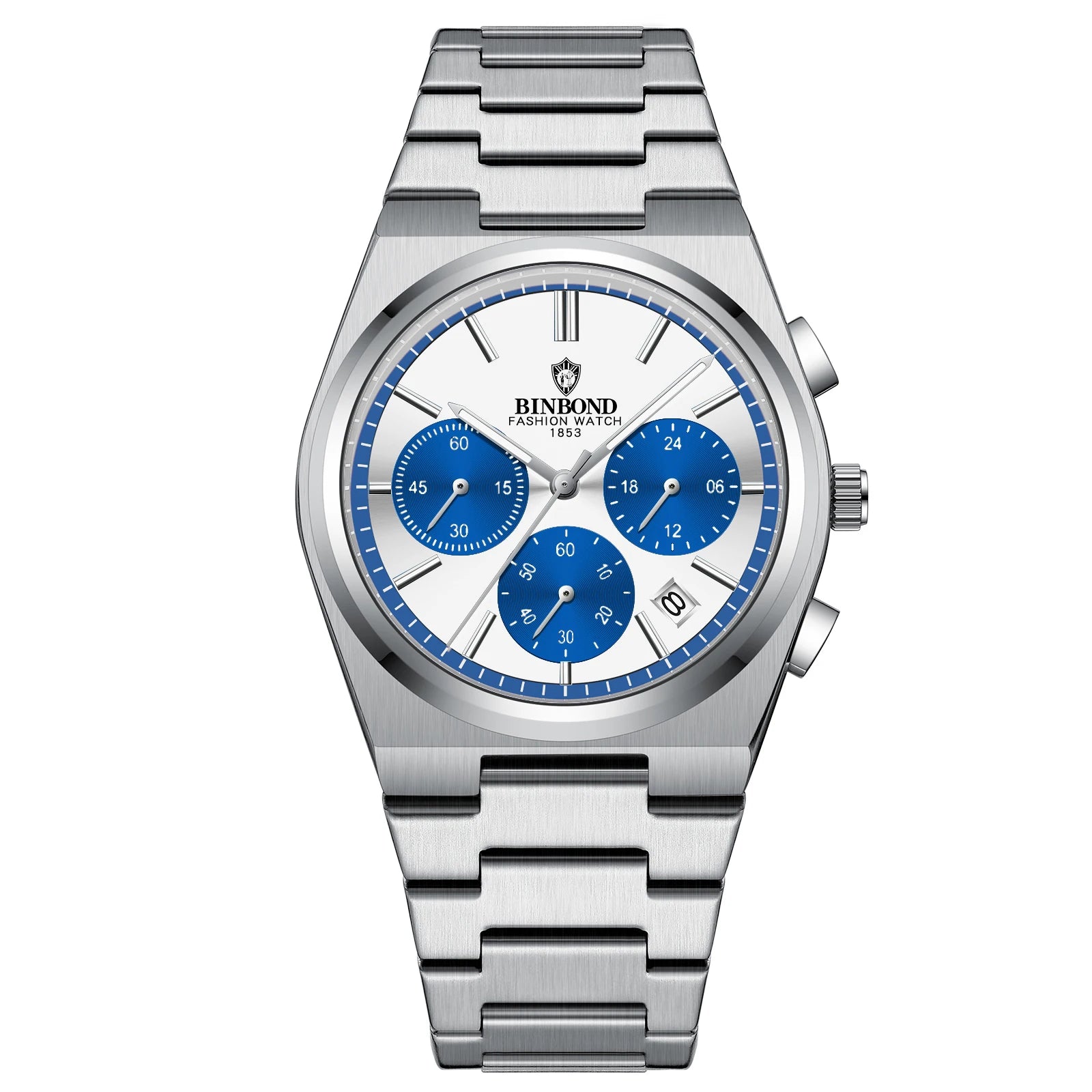 BINBOND B203 men’s chronograph watch in stainless steel, stopwatch, and full calendar