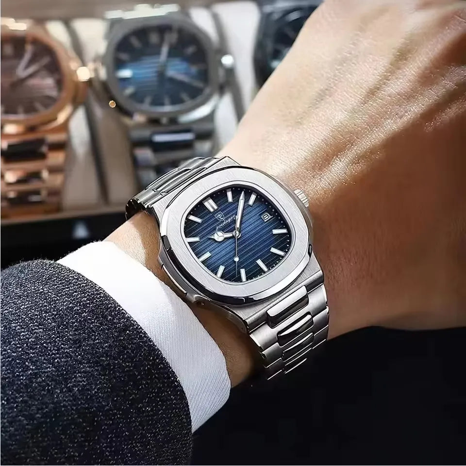 POEDAGAR stainless steel men’s watch with blue dial and date window