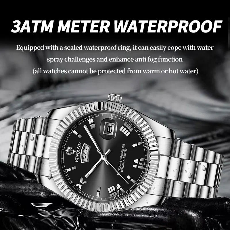 BINBOND B7012 silver men’s watch with black dial and day-date display