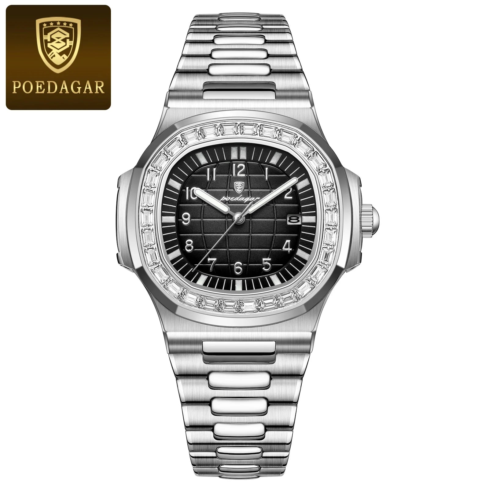 POEDAGAR stainless steel men’s watch with crystal bezel and black dial