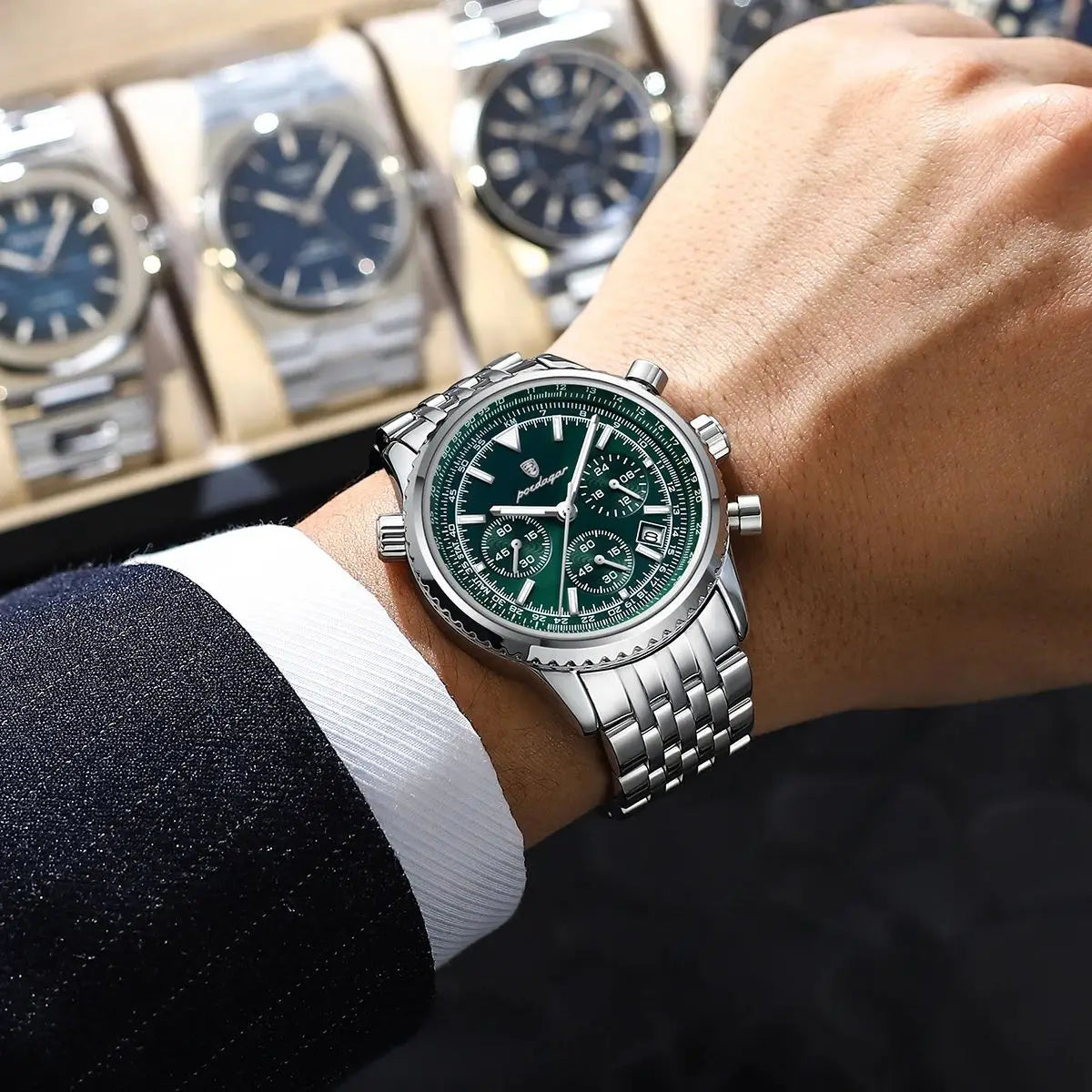 POEDAGAR men's silver chronograph watch with deep blue dial, stainless steel bracelet and luminous markers